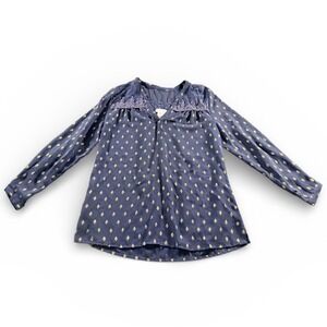Soft‎ Surroundings Navy Blue Gold Medallion Print Sheer Beaded Neckline Tunic M